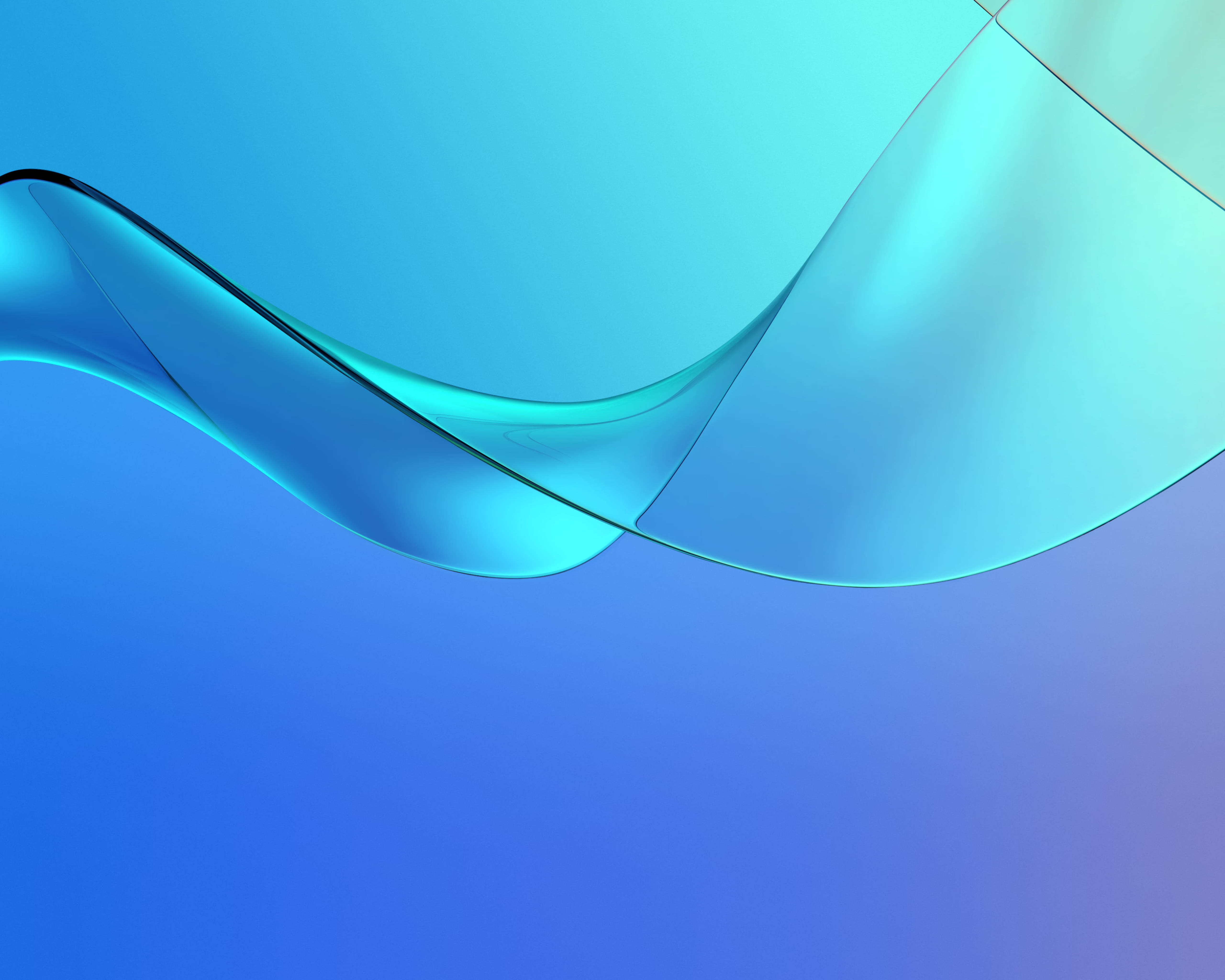 華為MediaPad M5藍色曲線 壁紙 — 平滑半透明的藍色波浪優雅地彎曲在漸變天藍色背景上。