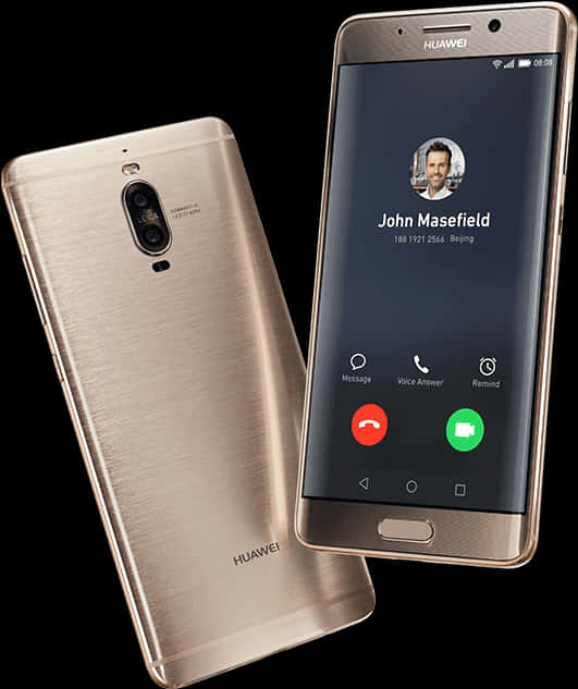 華為智慧手機來電畫面 壁紙 — 金色 Huawei 智能手機正面和背面顯示，來電畫面顯示聯絡人 John Masefield。