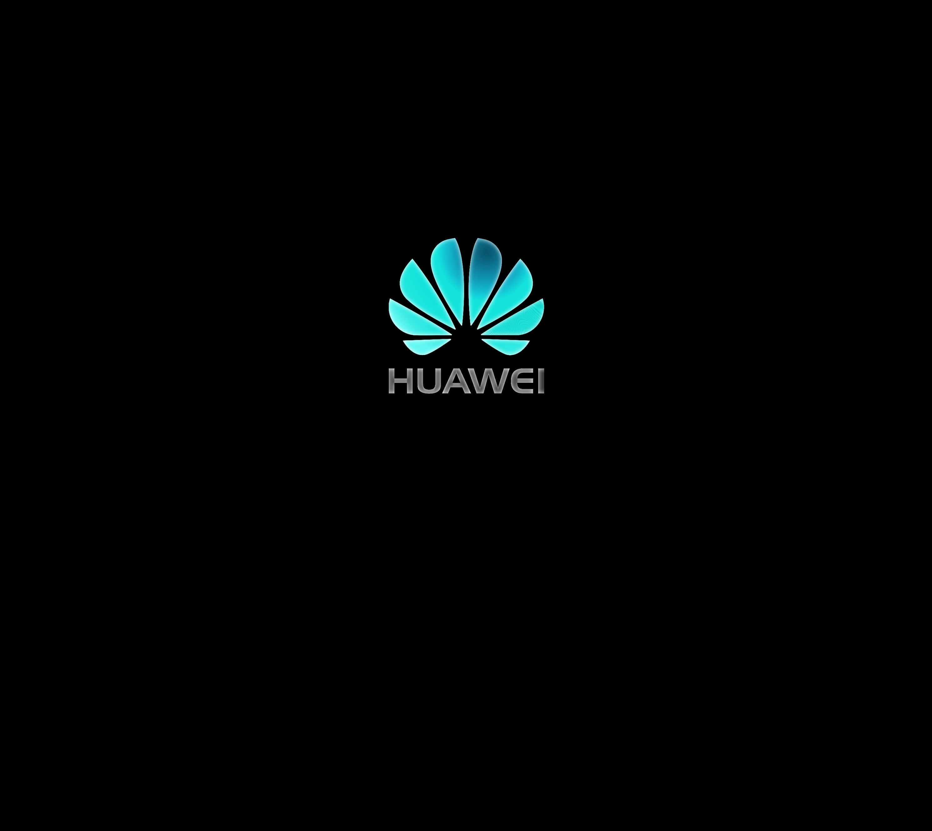 華為最新科技與創新 壁紙 — 一個發光藍色嘅Huawei標誌置中喺黑色背景上，品牌名稱喺下面。