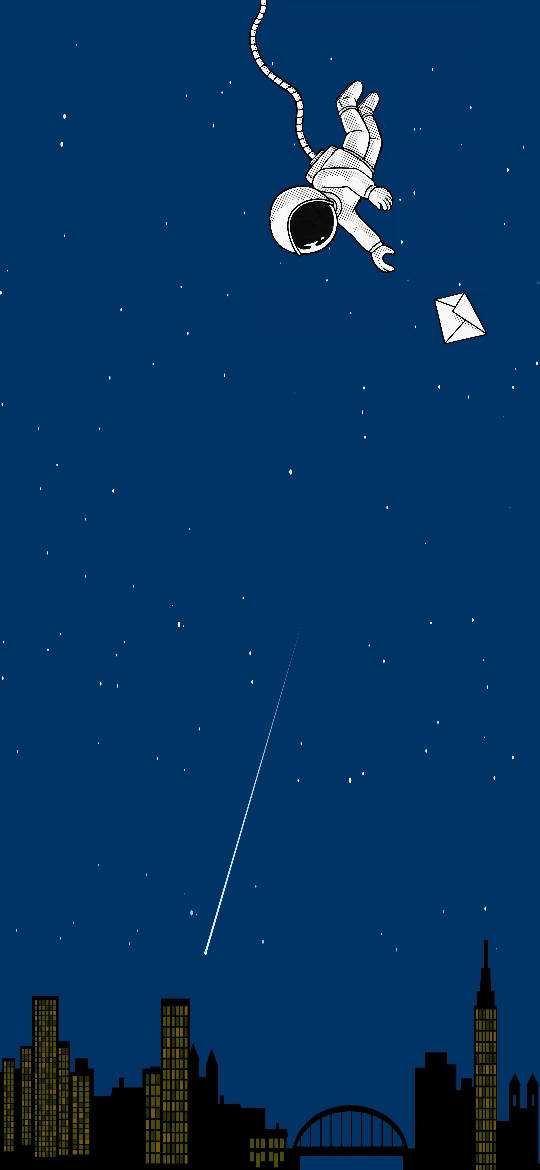 太空人漂浮在城市上空，將信封釋放到星空。