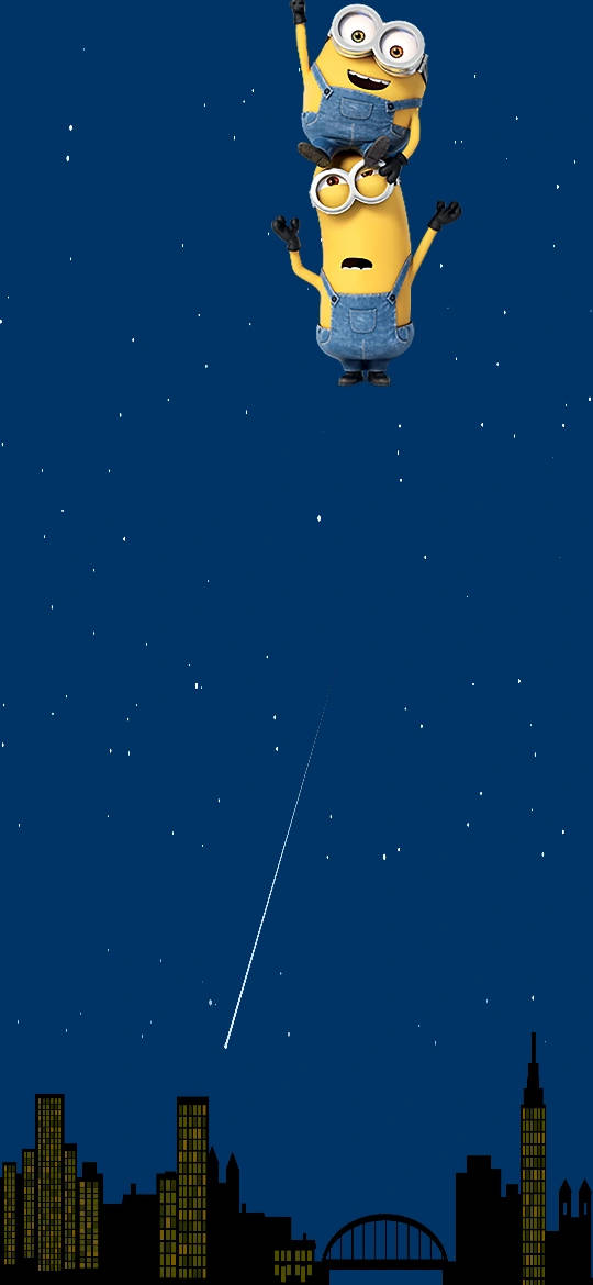 兩個迷你兵團在夜晚的城市上空漂浮，伴隨著星星和流星。