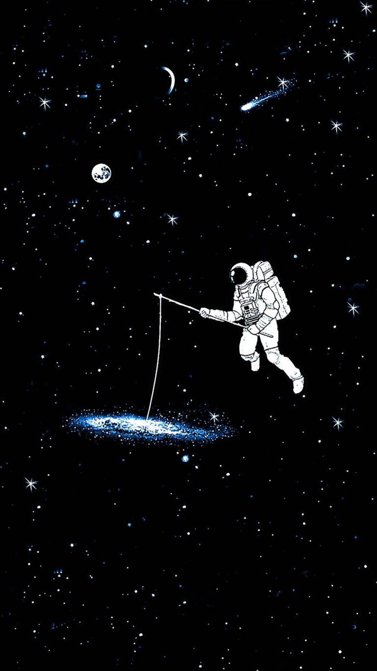 太空人在深空中於星星和月亮之間釣著一個發光的星系。