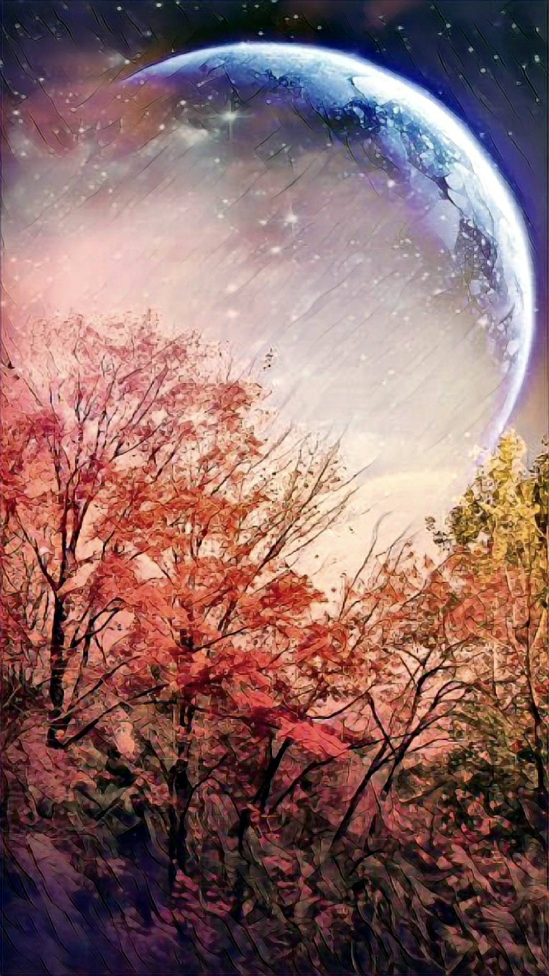 秋天的樹木在星空下，位於一顆巨大發光行星旁。