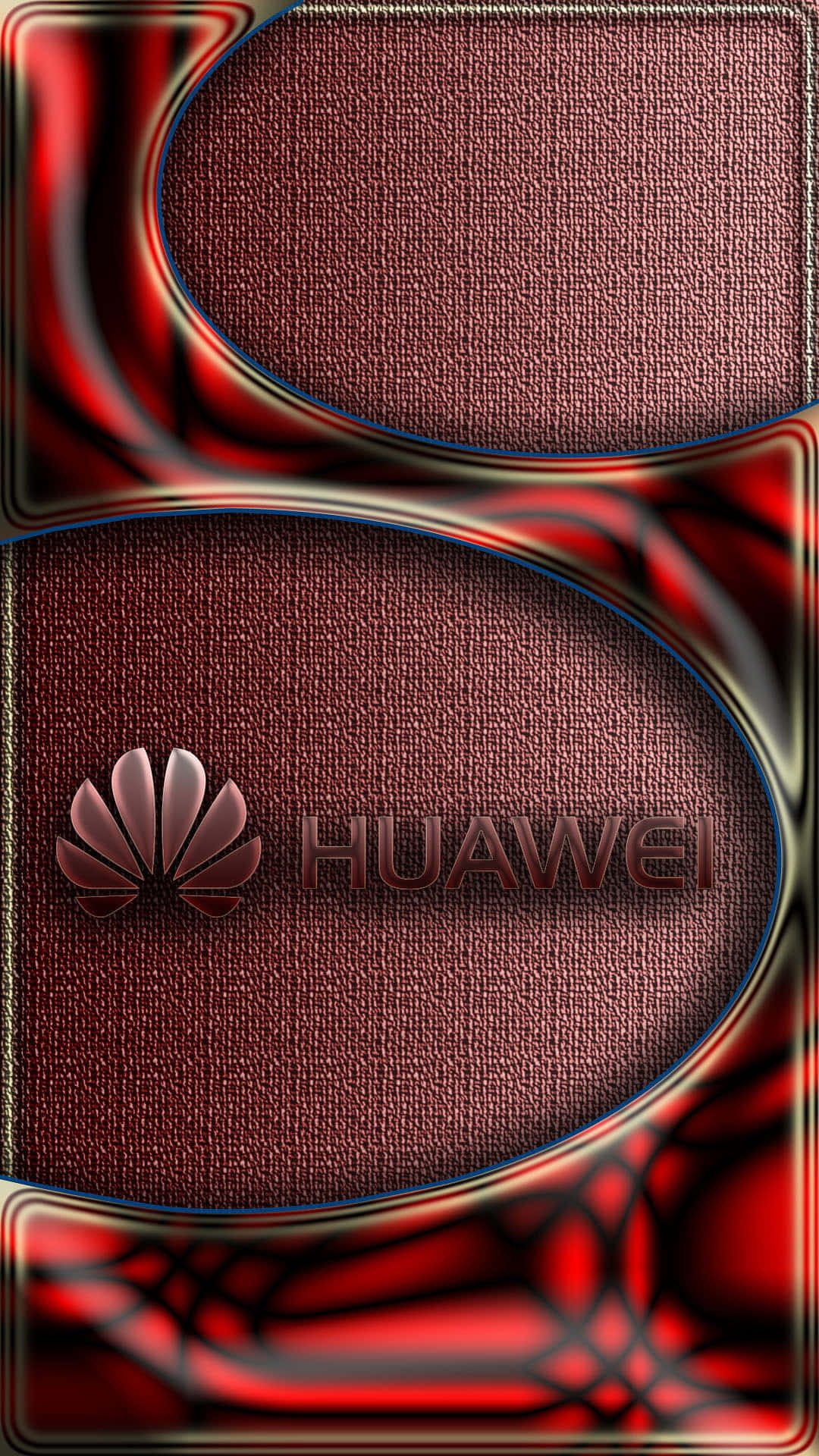 華為發表最新必備智慧手機科技 壁紙 — 一張動態的紅色和栗色抽象牆紙，流動的金屬曲線框住帶有紋理的橢圓形面板，其中一個顯示華為標誌。