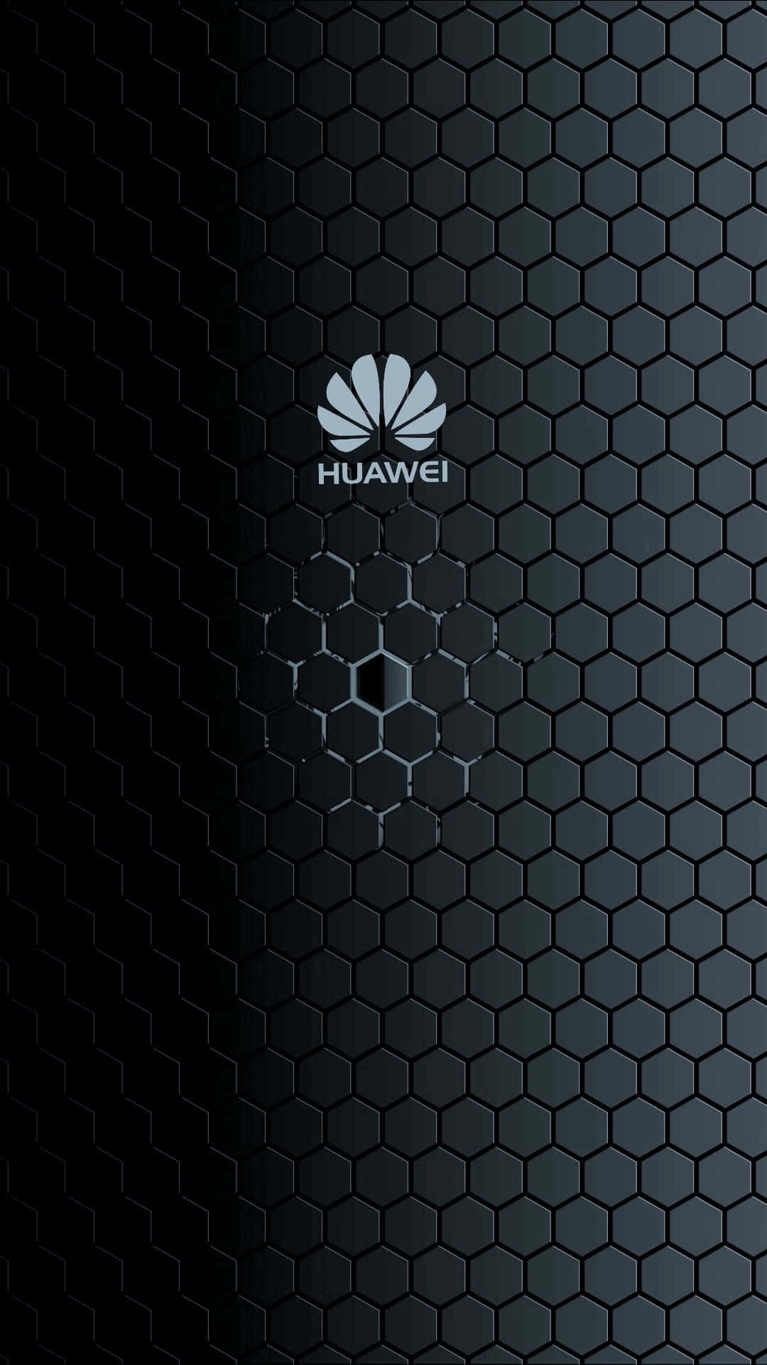 「華為的行業領先科技」 壁紙 — 時尚黑色六角形圖案牆紙，中央帶有Huawei標誌及柔和燈光效果。