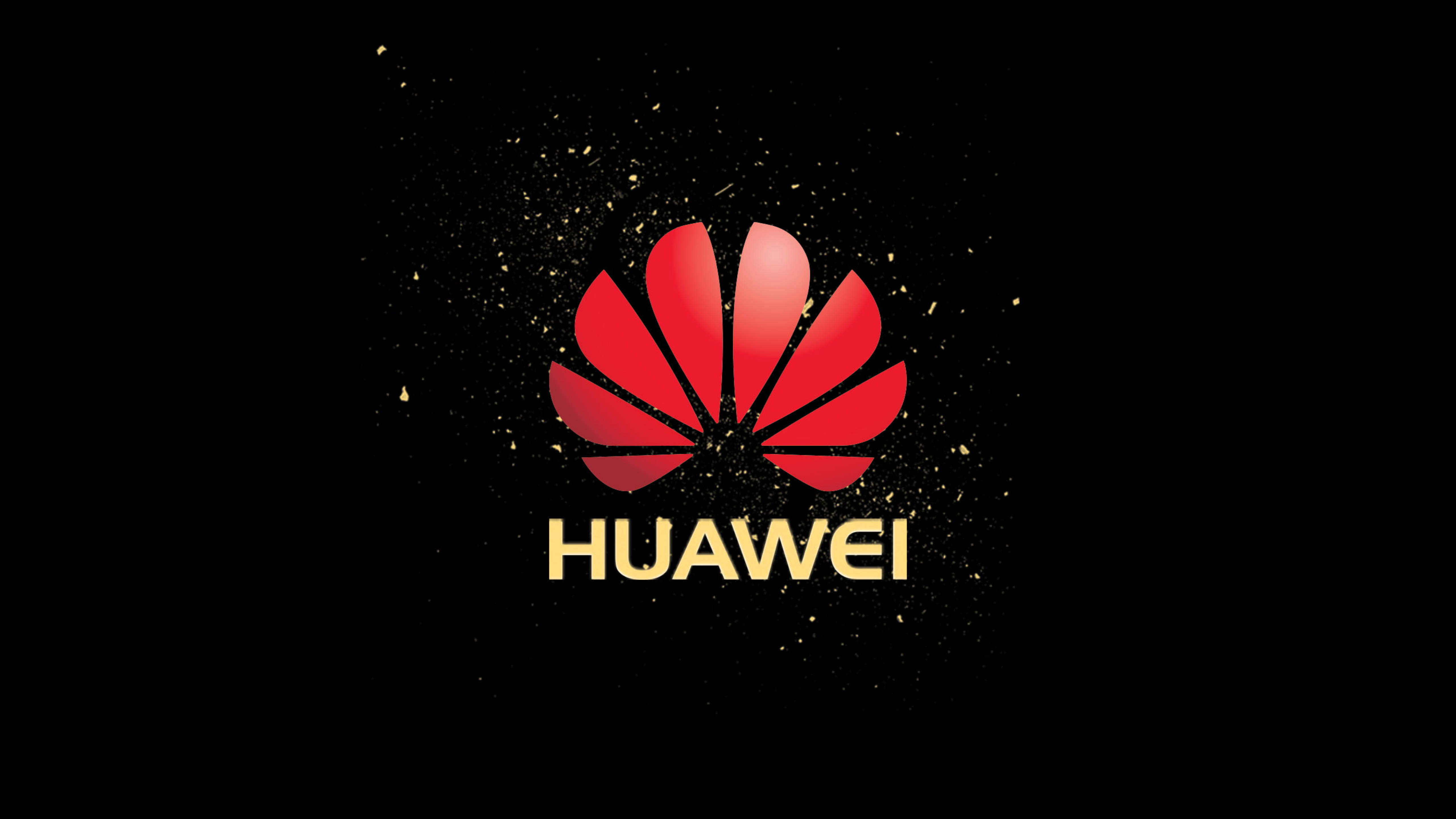 華為科技動態標誌 壁紙 — 一個大膽的紅色Huawei標誌，配以金色文字，在帶有散落金色粒子的黑色背景上突顯出來。