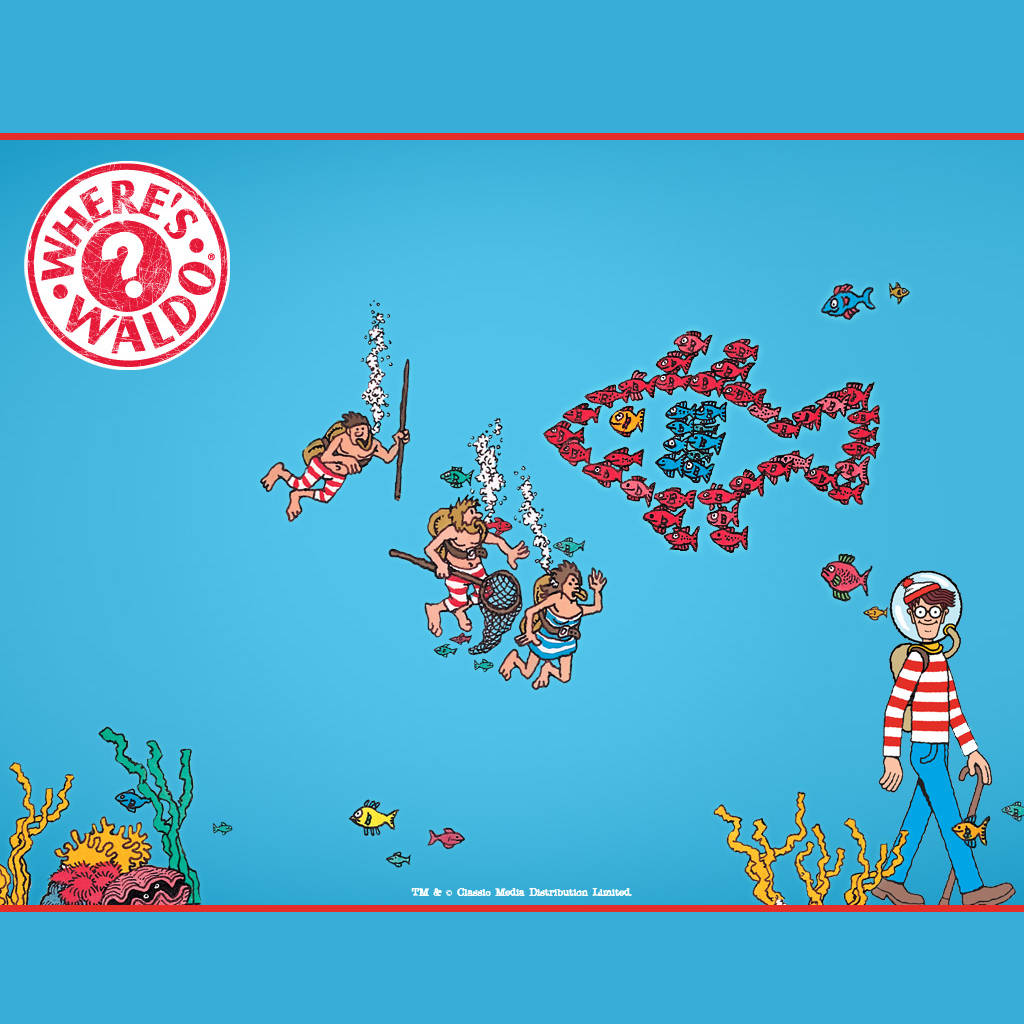 Waldo走在孩子們旁邊，他們在水下色彩繽紛的珊瑚和魚群附近浮潛。