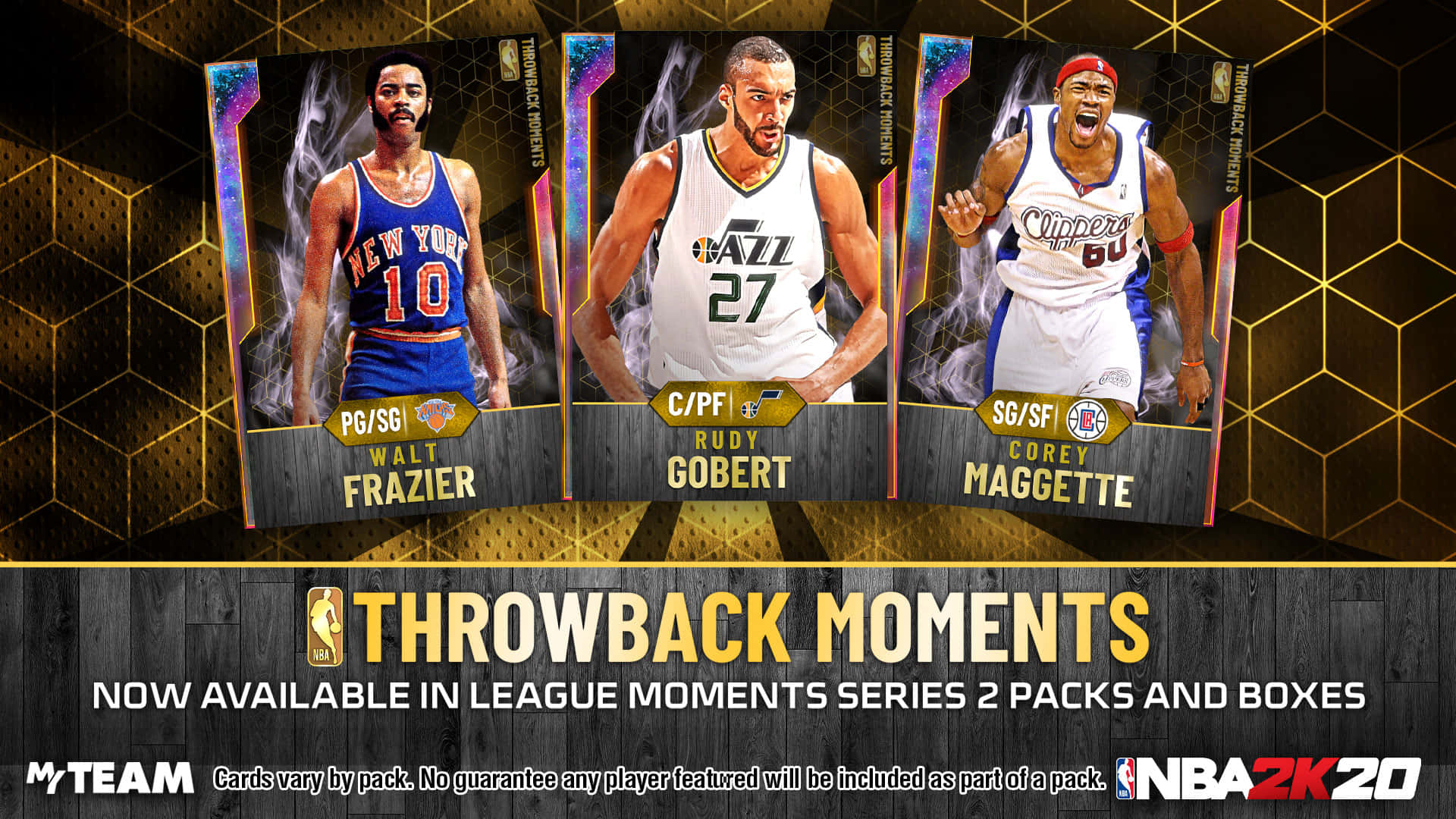 華特·弗雷澤NBA 2K20經典時刻 壁紙 — 三張NBA 2K20復古球員卡， featuring Walt Frazier、Rudy Gobert和Corey Maggette，背景為金色六邊形。