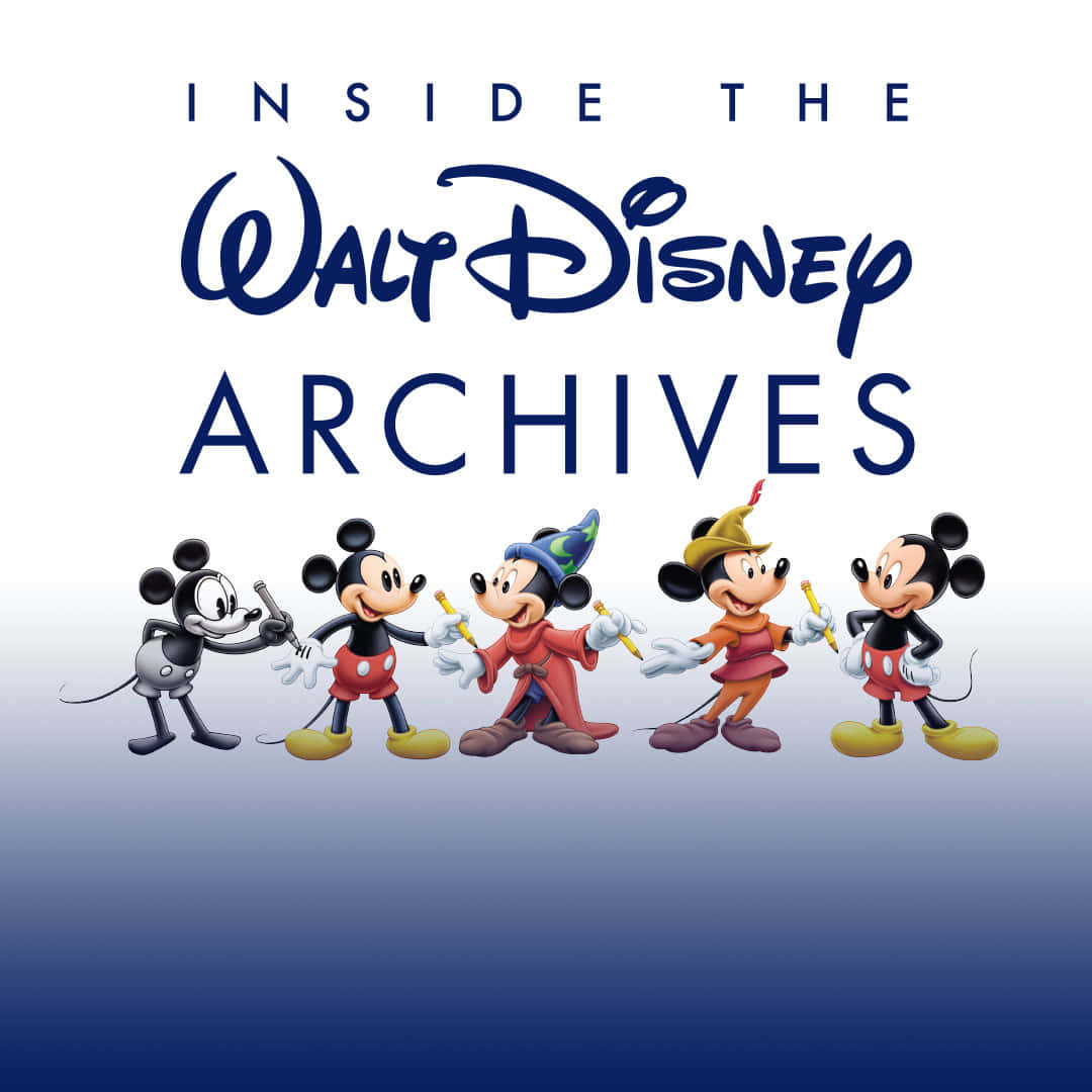 五個米奇老鼠角色穿著復古迪士尼服裝，下方有「Inside the Walt Disney Archives」文字。