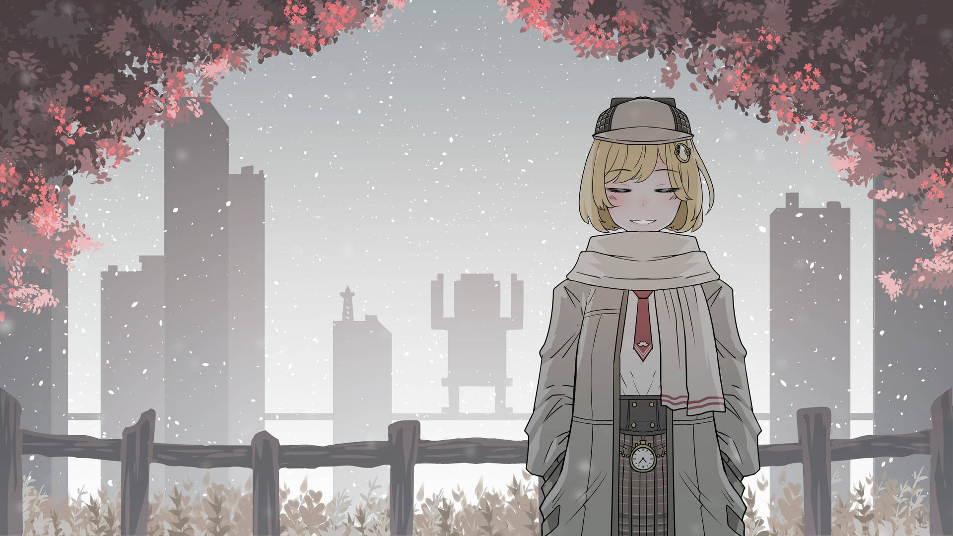 動漫女孩穿著冬季外套在櫻花下，雪花飄落在城市上