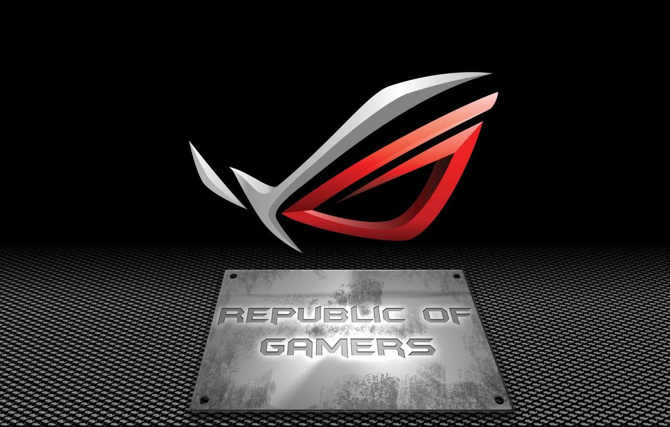 Republic of Gamers 標誌，帶有紅色和銀色眼睛設計，位於深色紋理背景上。