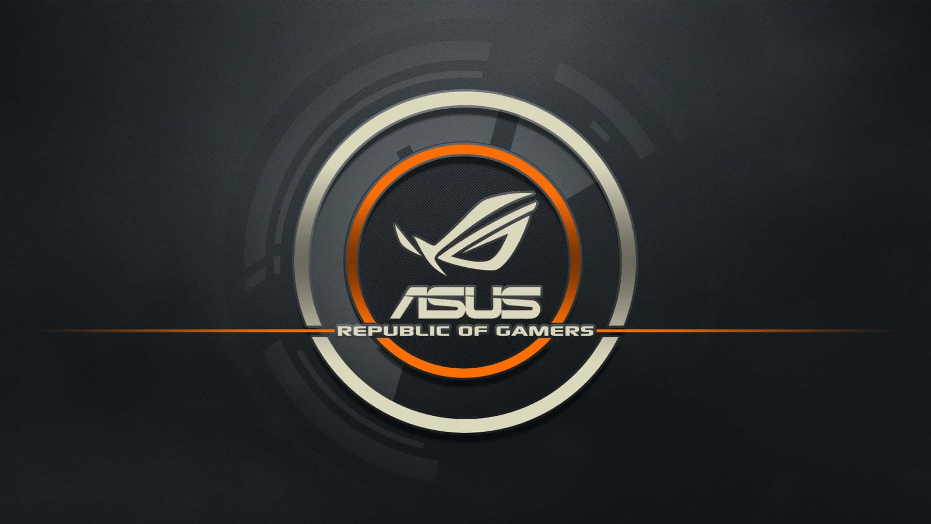 ASUS Republic of Gamers標誌，帶有橙色和銀色圓環，深色背景