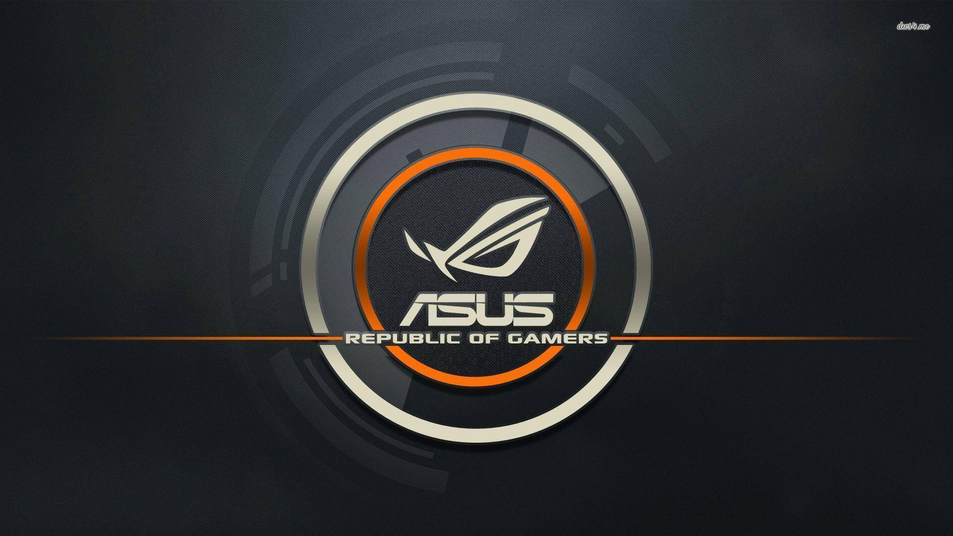 ASUS Republic of Gamers 標誌，橙色和銀色圓形設計，深色背景。