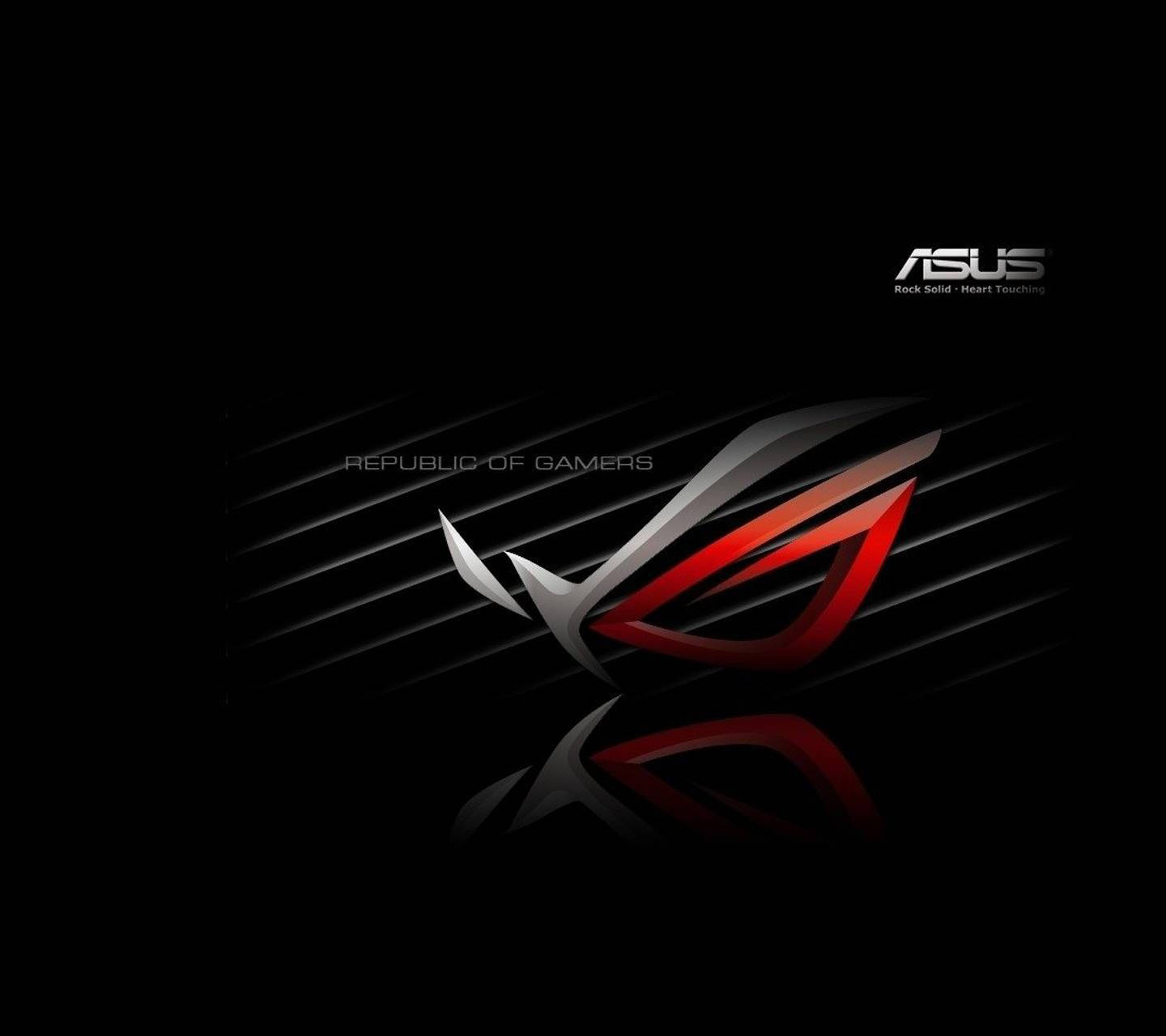 ASUS ROG 標誌，紅銀設計，黑色背景，光條，反射