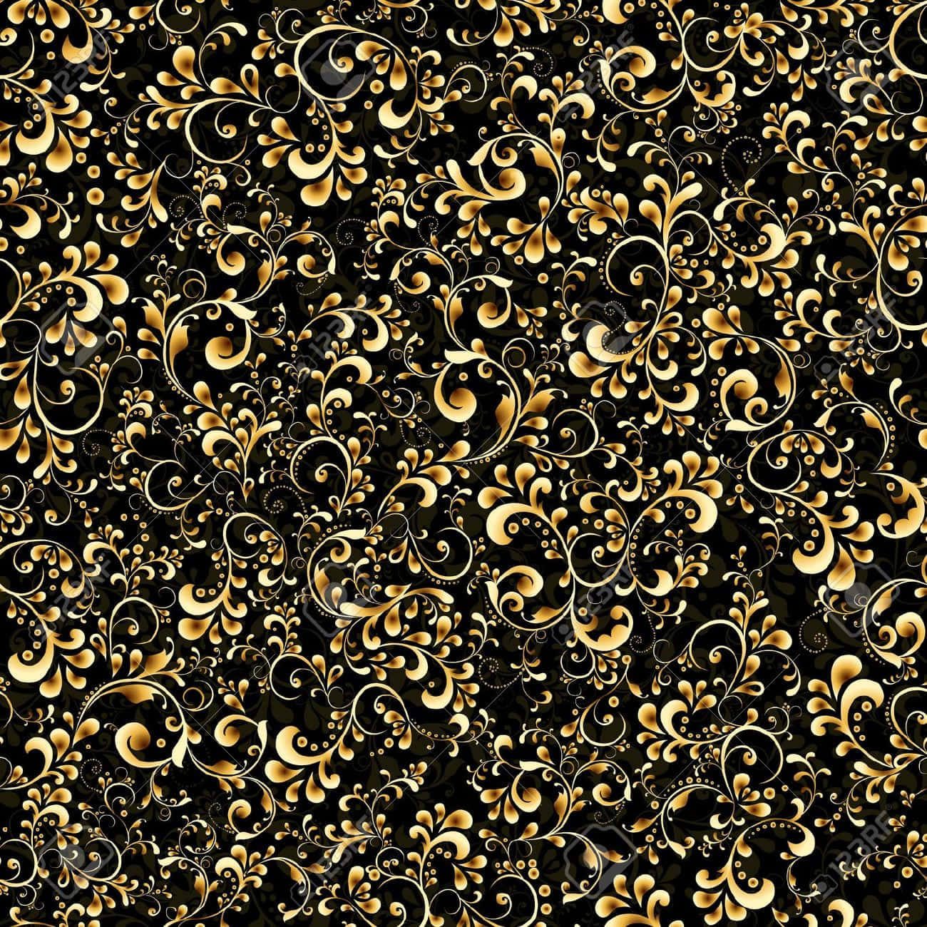 華麗典雅金箔背景 壁紙 — 優雅的金色花卉漩渦在深黑色背景上以奢華的重複圖案錯綜交織。