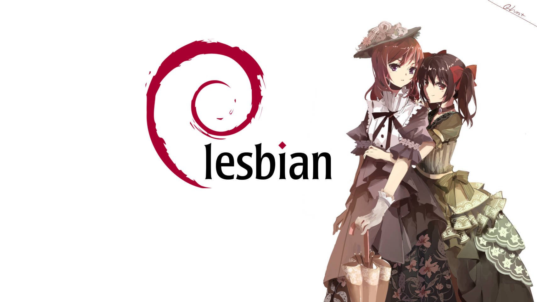 兩個穿著復古連衣裙的動漫女孩在一個帶有女同性戀字樣的紅色螺旋標誌旁邊擁抱。