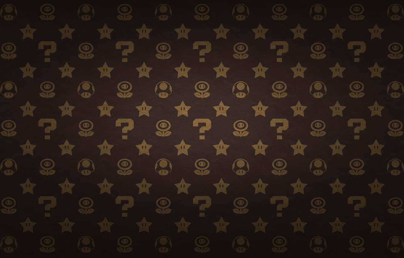 深棕色牆紙，帶有重複的Super Mario金色問號和星星圖案。