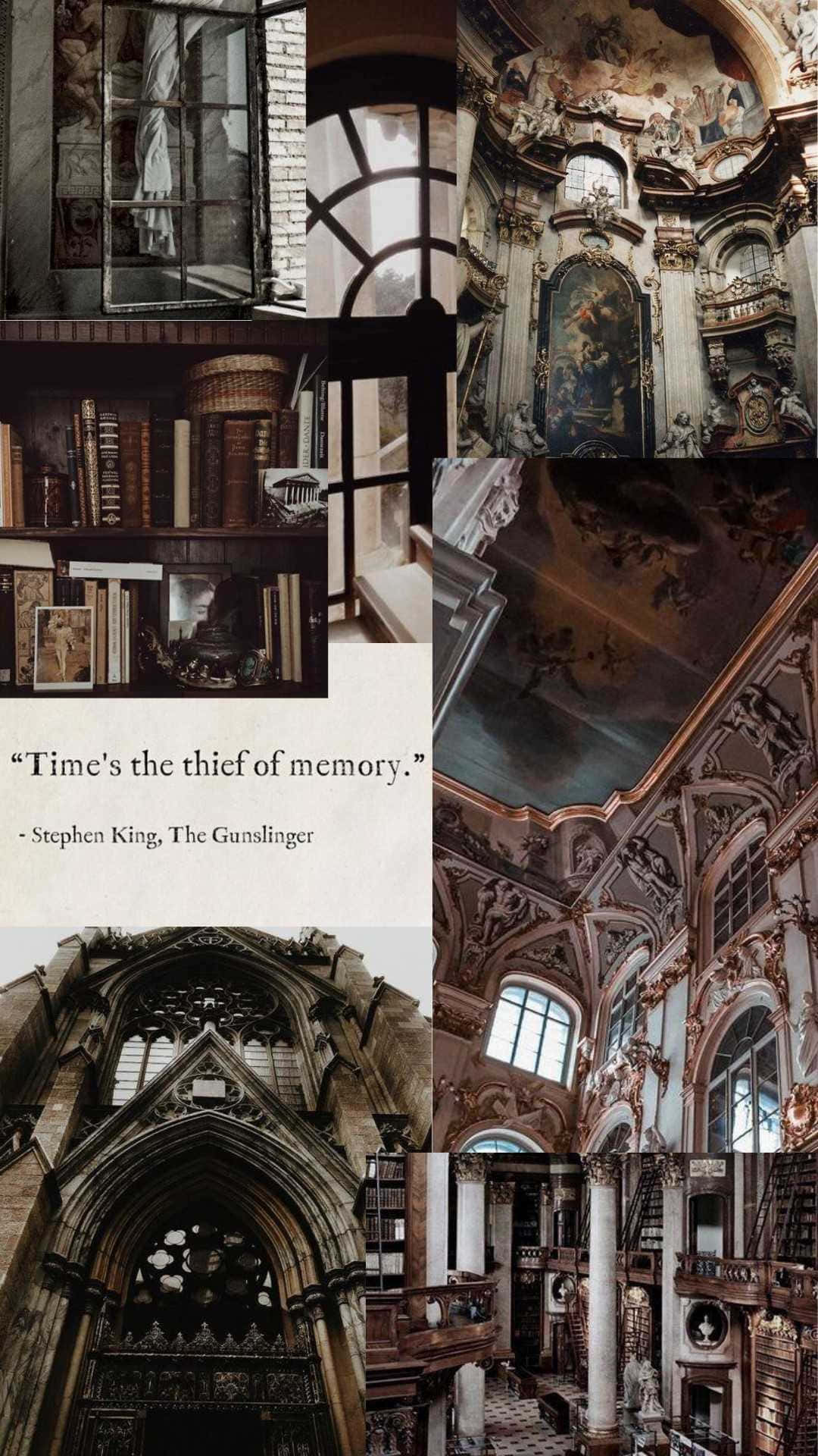 Dark Academia Aesthetic 桌布 壁紙 — 華麗圖書館和大教堂內部的拼貼畫，配有書架、彩色玻璃和拱形天花板，沐浴在溫暖的光線中。