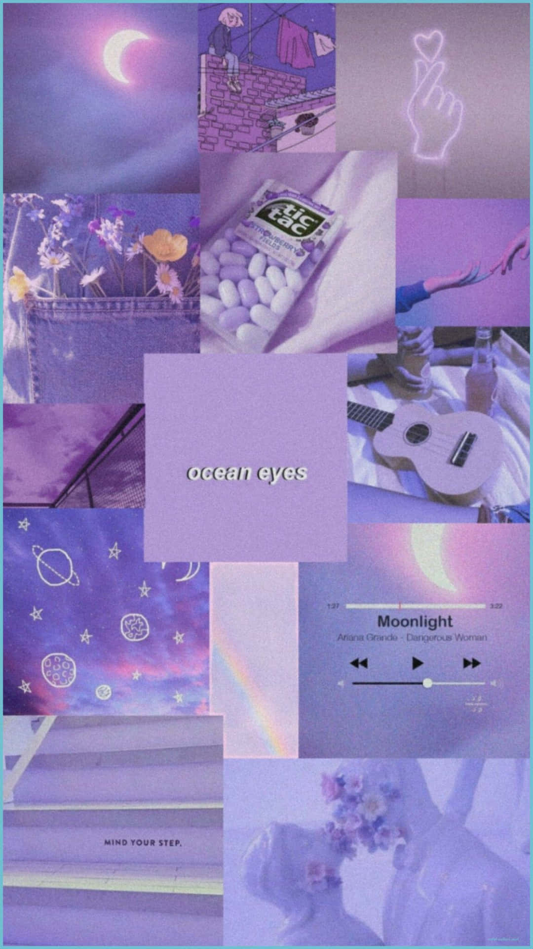 紫色調拼貼畫，包含月亮、花朵、尤克里里、糖果和天體元素。