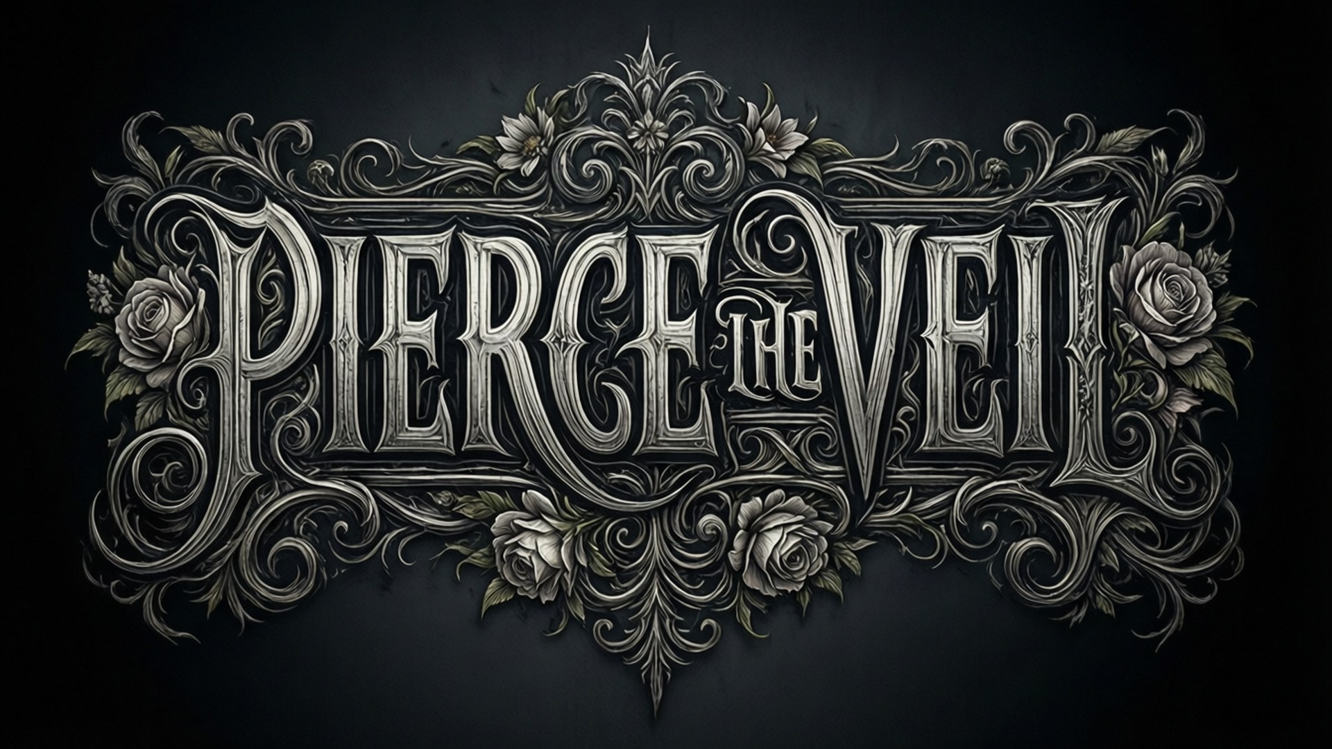 哥德式文字「Pierce the Veil」配玫瑰和漩渦，深色背景