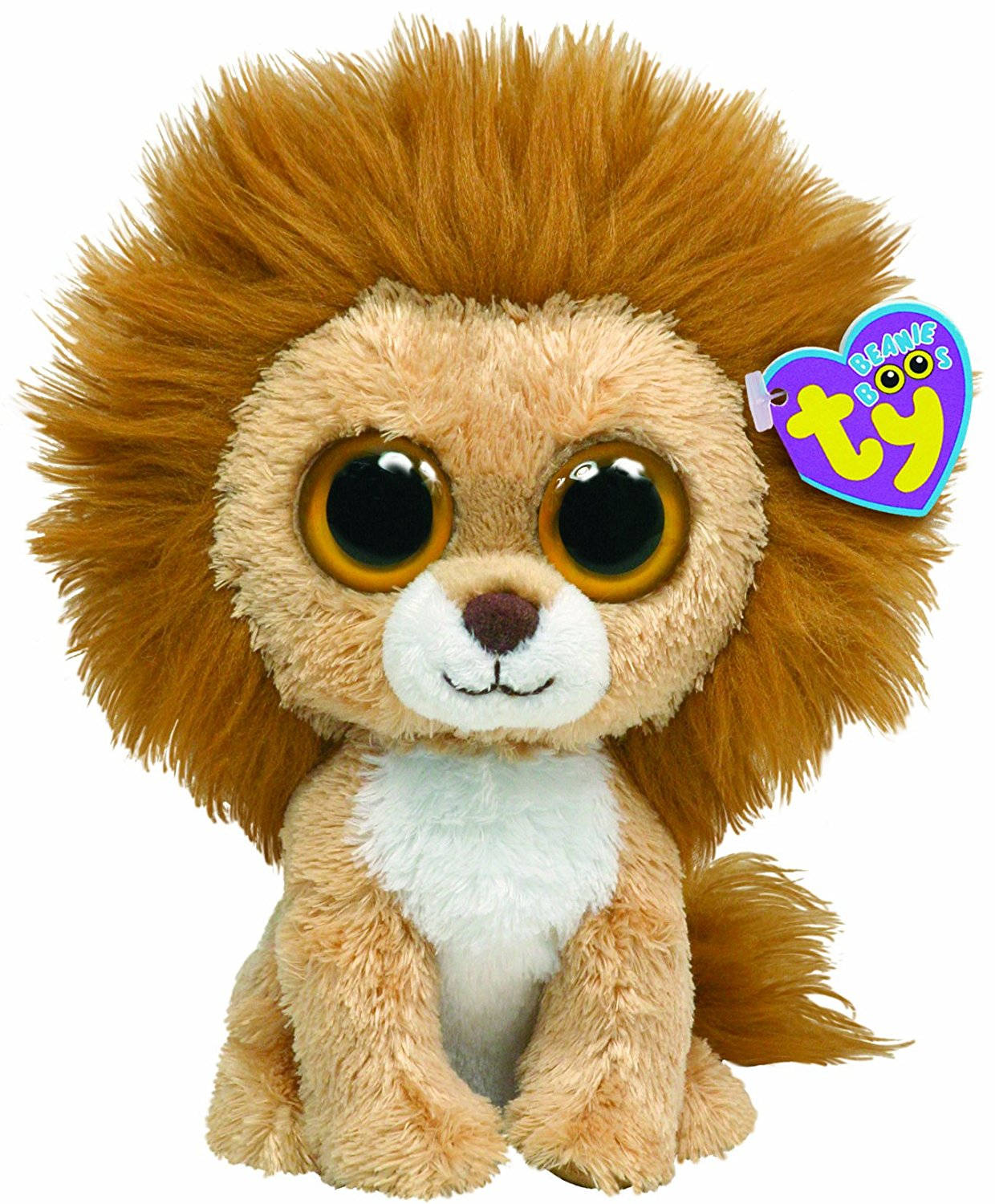 華麗獅子Beanie Boo閃亮絨毛玩具 壁紙 — 一個毛絨絨的 Ty Beanie Boo 獅子公仔，有大眼睛和心形標籤，坐在白色背景前。