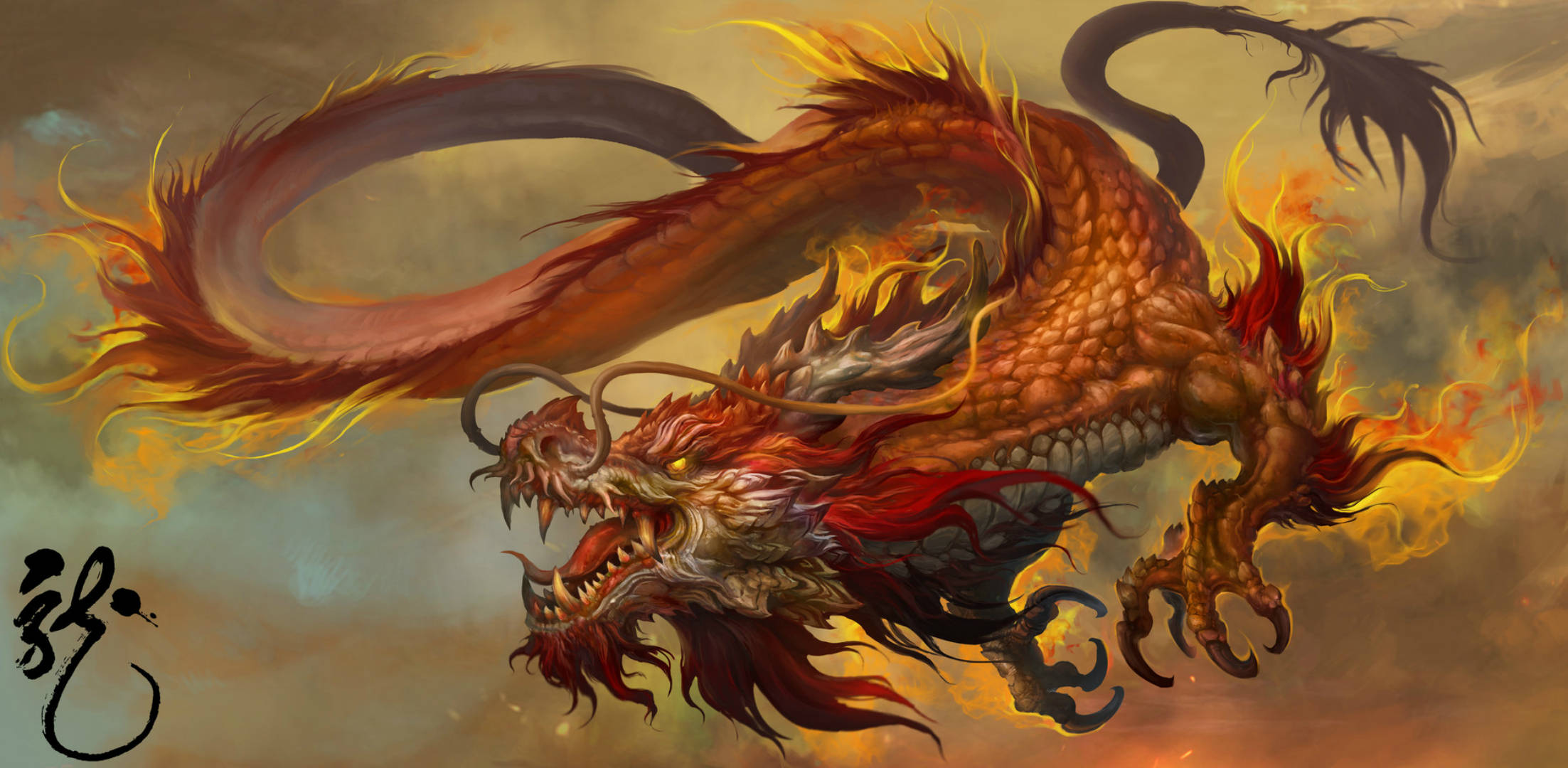 華麗的中國龍藝術作品 壁紙 — 一頭火紅色的龍，眼睛發光，鱗片尖端帶有火焰，在煙霧繚繞的天空中翱翔，角落有一個傳統的中文字。