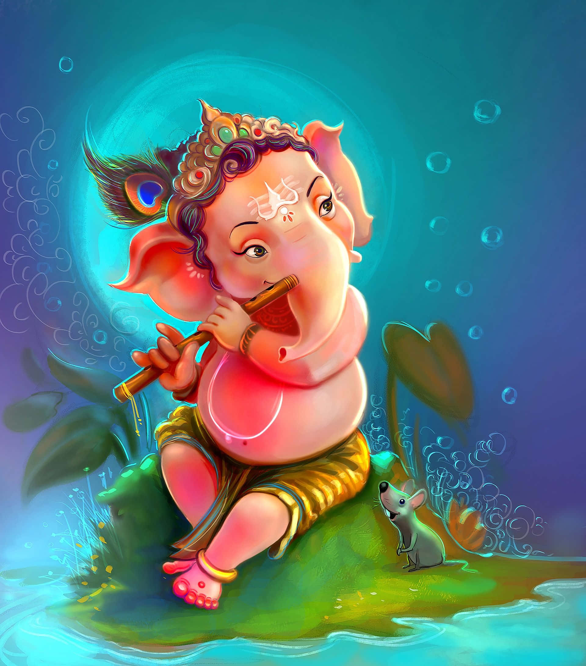 華麗的象頭神Ganpati Bappa Morya 壁紙 — 一個胖乎乎的粉紅色象頭神坐在發光的藍色水中的蓮花座上吹笛子，旁邊有一隻老鼠。