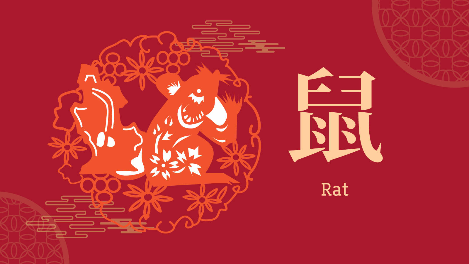 華麗紅色中國鼠符號 壁紙 — 鮮豔的紅色背景上有一個橙色剪紙老鼠，周圍環繞著花卉圖案和漢字。