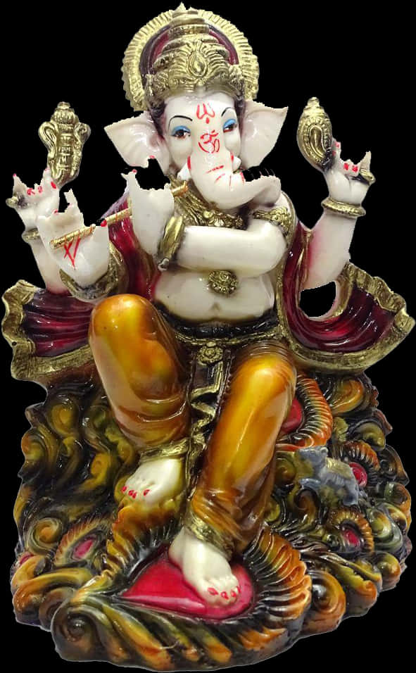 華麗象頭神雕像 壁紙 — 一尊詳細的象頭神像，戴著金色皇冠、紅色長袍，底座華麗，背景為黑色。