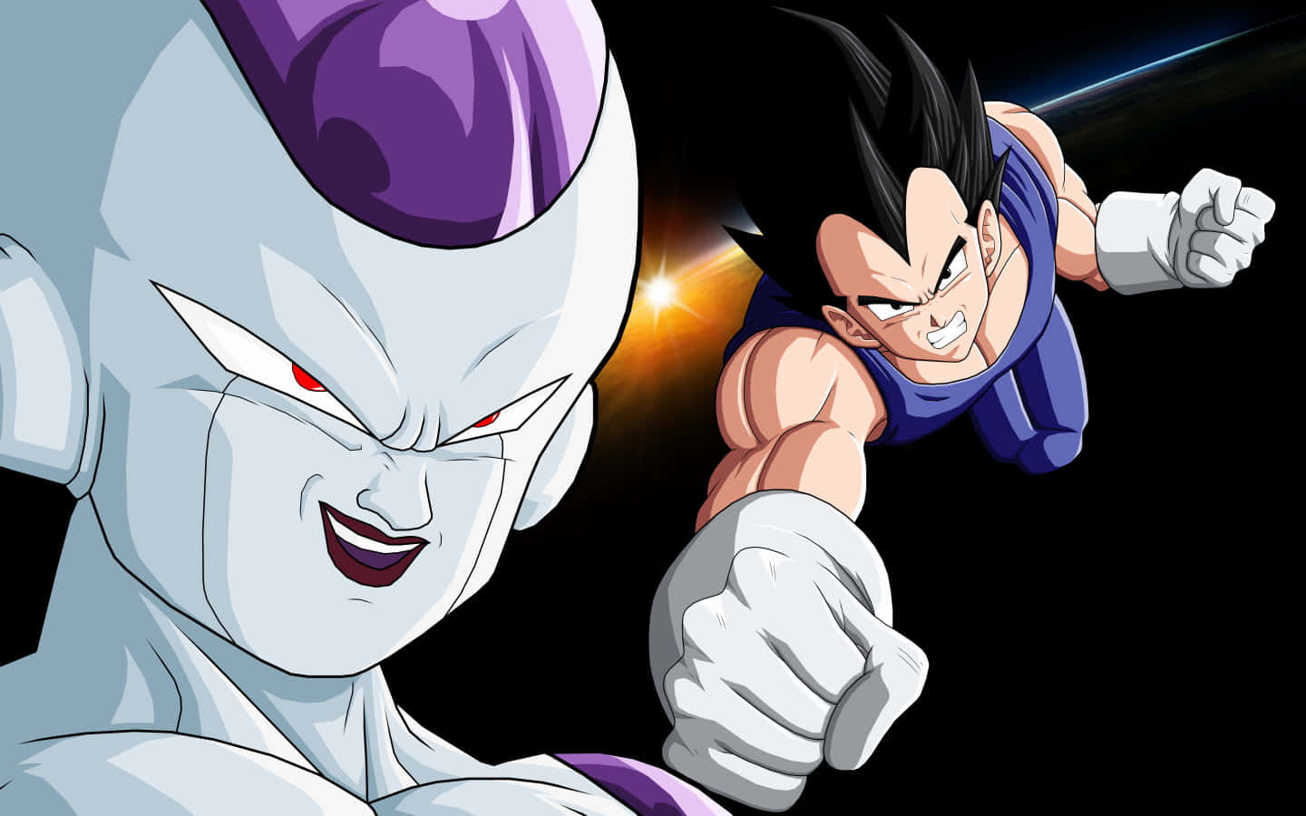 Vegeta And Frieza 桌布 壁紙 — 菲利和比達在星空背景下，以強烈的表情和發光的能量進行宇宙對決。