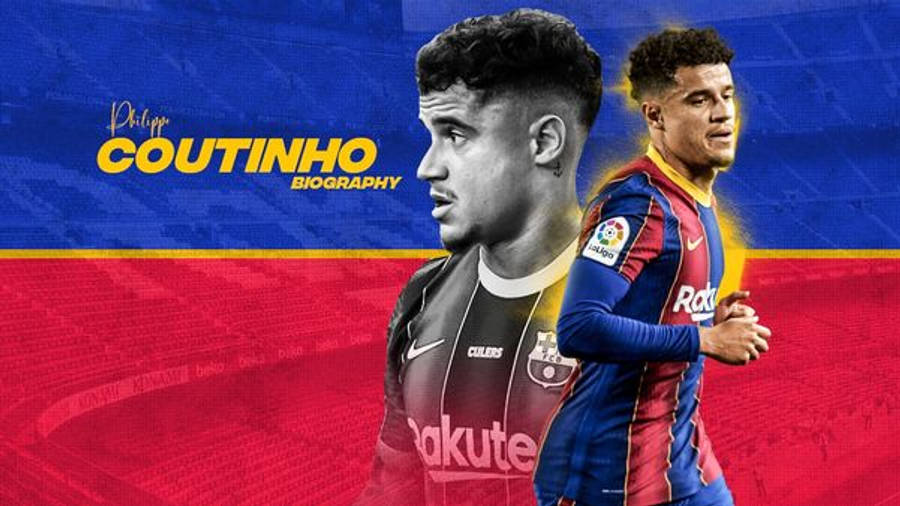 菲利普·庫蒂尼奧在足球場上展現精湛球技 壁紙 — 兩幅足球員菲臘比·古天奴的肖像，身穿對比強烈的黑色和藍色球衣，背景為大膽的紅色和藍色，並附有他的名字和傳記文字。