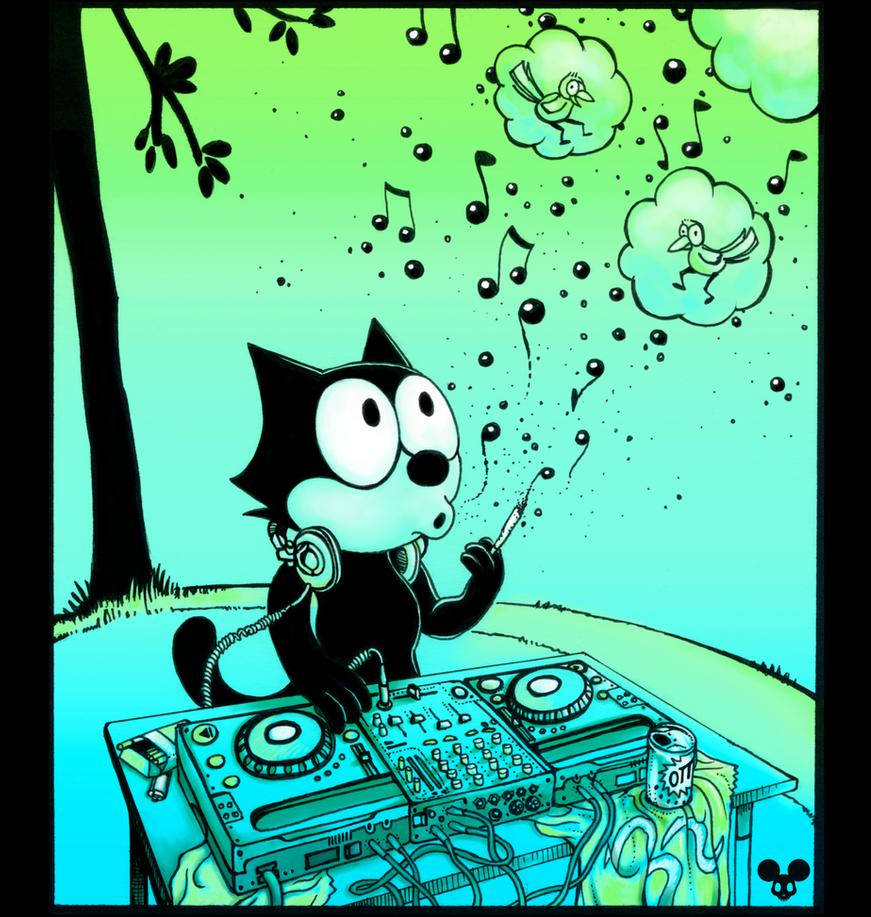 黑色卡通貓DJ，音符和鳥兒在藍綠色天空中漂浮。