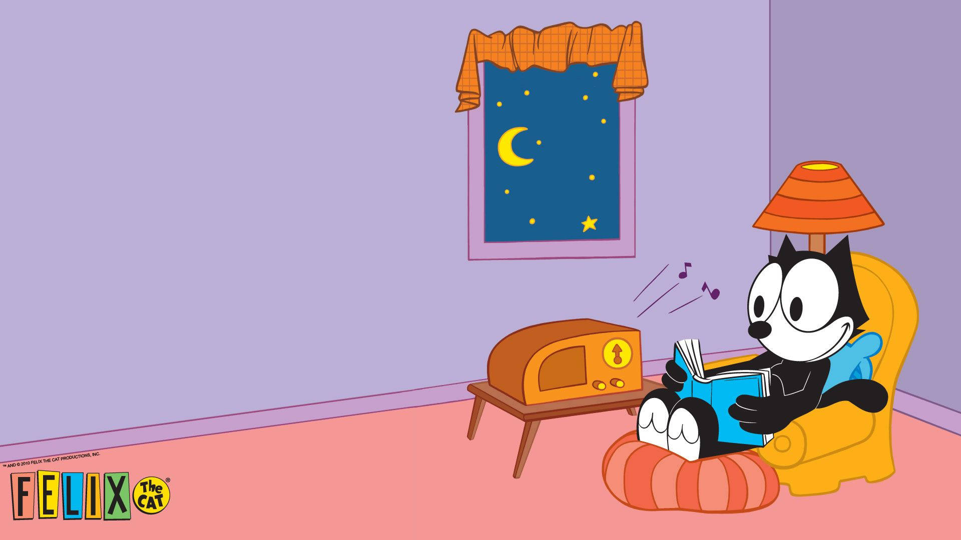 Felix the Cat 在一個舒適的房間裡，夜晚透過月光照亮的窗戶看書。