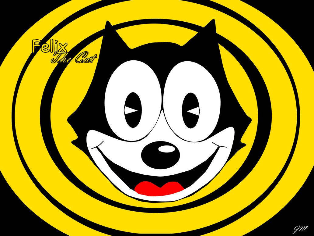 Felix the Cat卡通角色，大眼睛和紅色舌頭，背景為黃色螺旋圖案。
