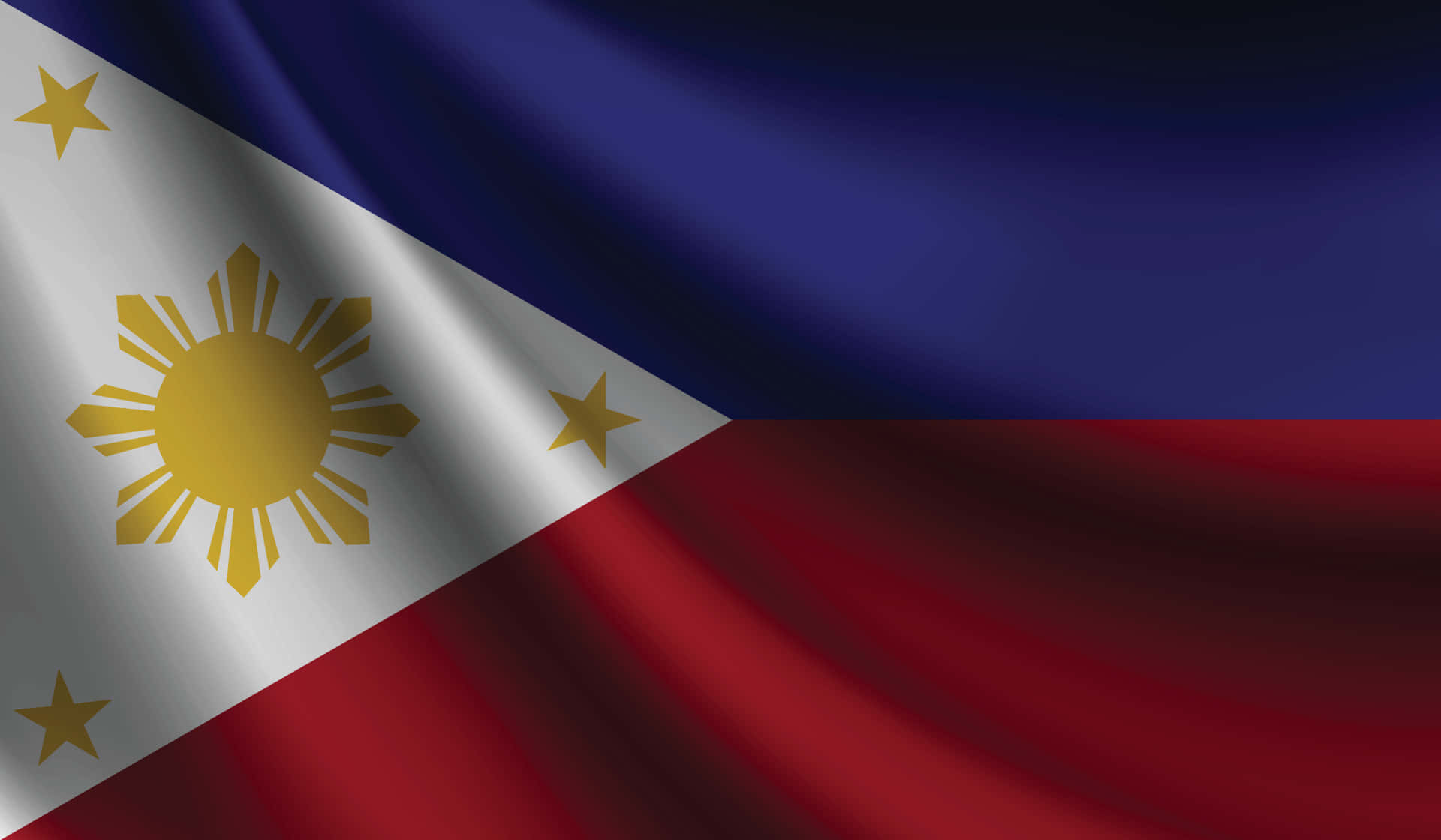 Philippines 桌布 壁紙 — 菲律賓國旗動態飄揚，帶有深藍、紅、白三色面板以及金色的太陽和星星。