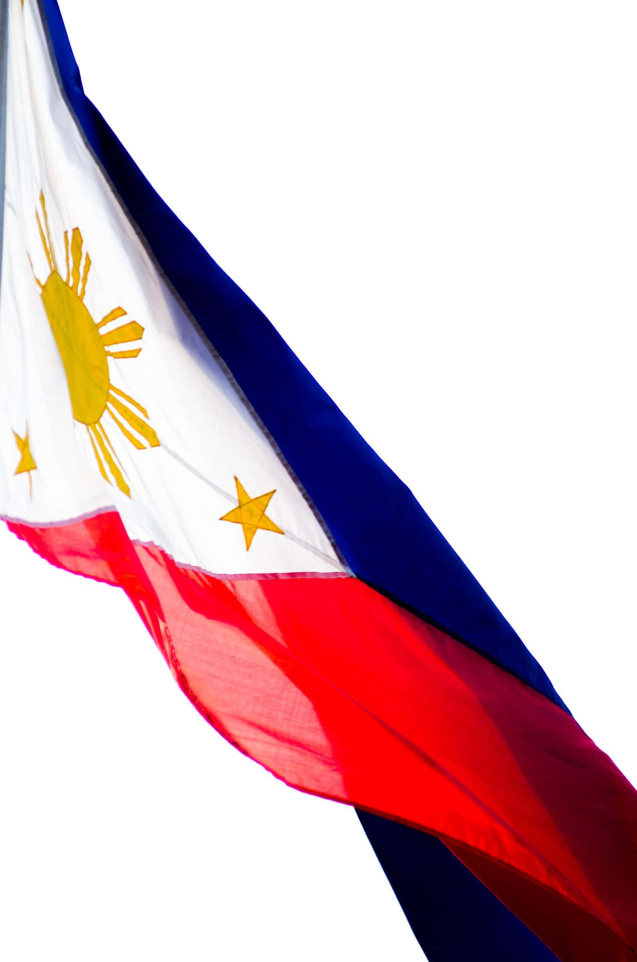 Philippines 桌布 壁紙 — 菲律賓國旗在純白背景上動態飄揚，展示鮮明的紅、藍、白以及金色的太陽和星星。