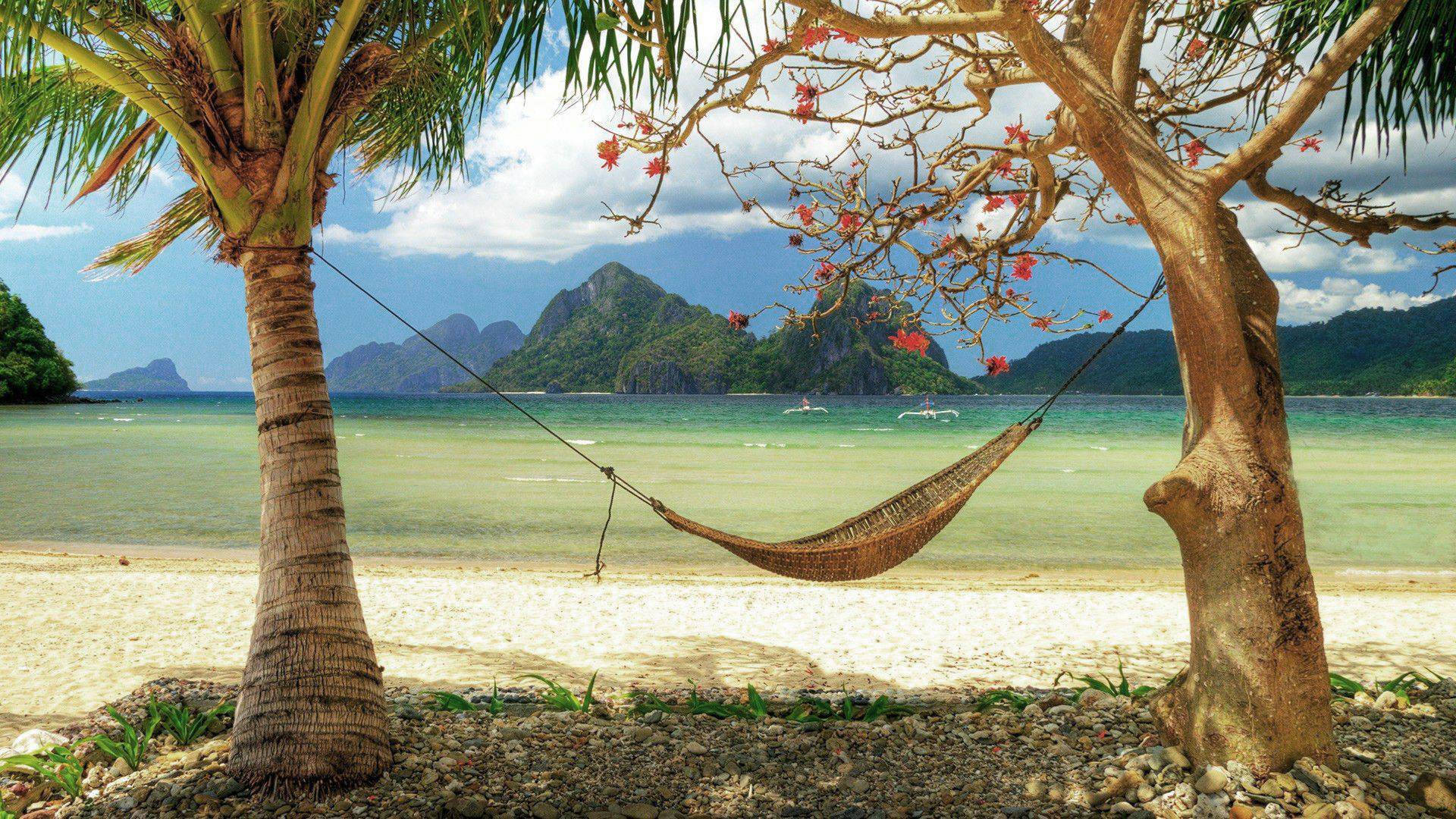 菲律賓海灘風景 壁紙 — 一個編織吊床掛在熱帶海灘的兩棵樹之間，背景是碧綠的海水、喀斯特島嶼和明亮的藍天。