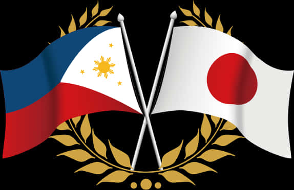 菲律賓與日本國旗交錯 壁紙 — 菲律賓和日本國旗在黑色背景上交叉，並以金色月桂花環框住。