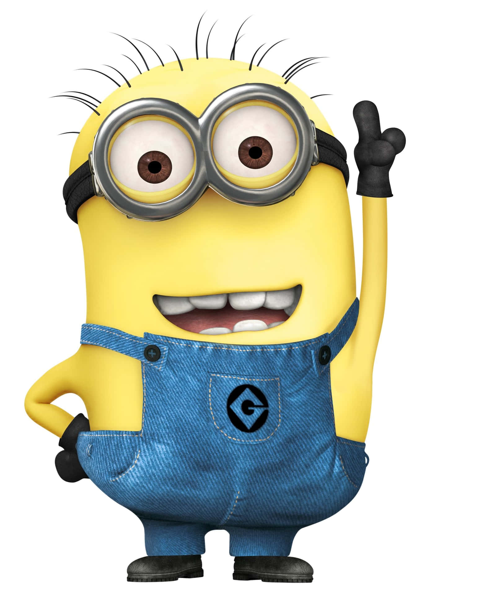 一個穿著藍色工裝褲的黃色卡通Minion微笑著舉起一隻手擺姿勢。