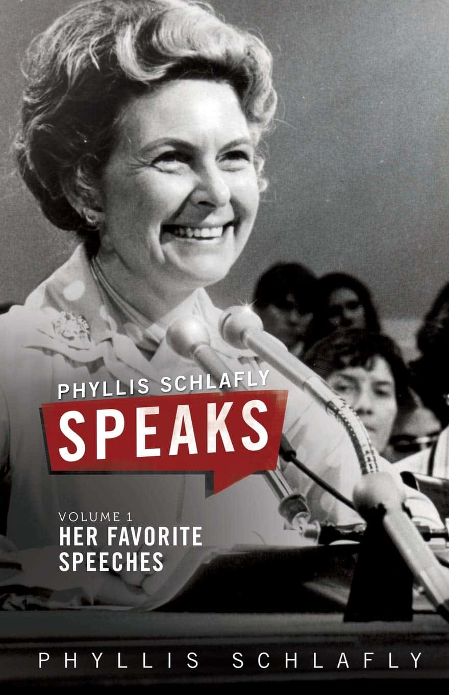 菲莉絲·施拉夫利語錄書封面 壁紙 — Phyllis Schlafly 在公開活動中對著麥克風溫暖微笑，身後有模糊的觀眾。