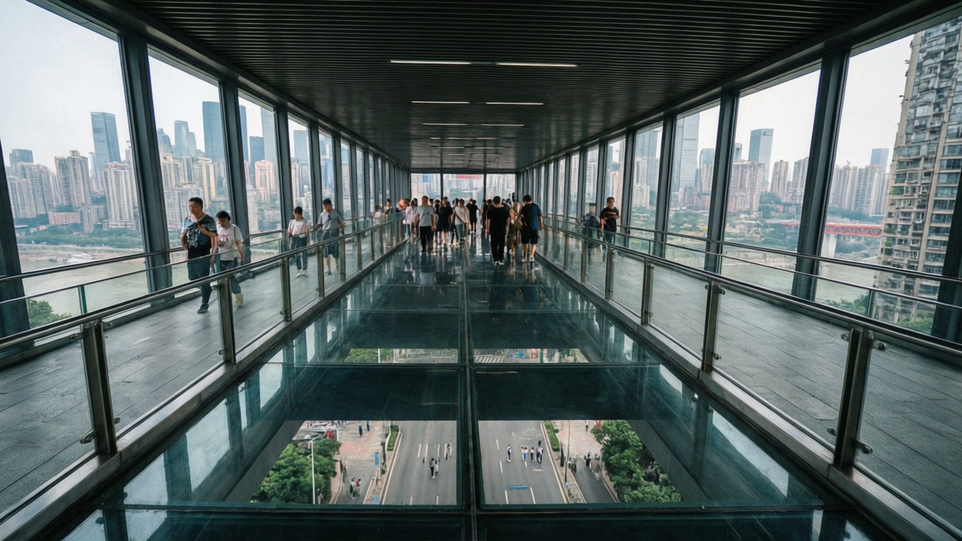 人們在玻璃地板天空橋上行走，下方可見城市建築和河流。