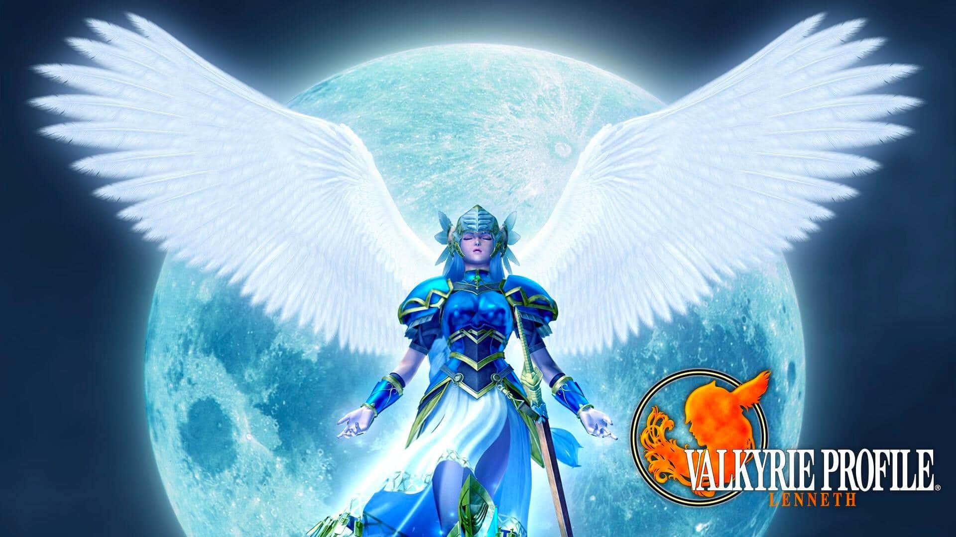 一位身穿藍色盔甲、有翅膀的女武神戰士站在發光的月亮前。