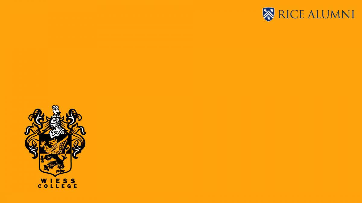 橙色背景上的 Weiss College 徽章和 Rice Alumni 文字