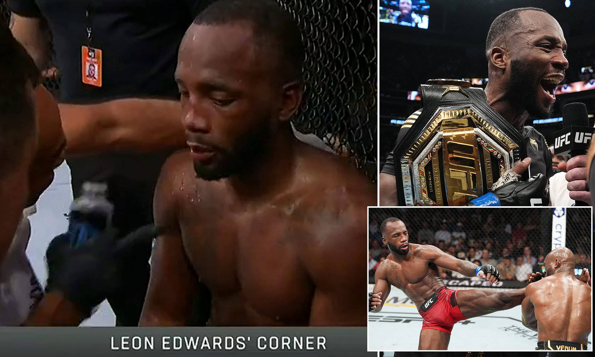 萊昂·愛德華茲賽事截圖 壁紙 — Leon Edwards 在激烈的比賽後於UFC八角籠中手持冠軍腰帶慶祝勝利。