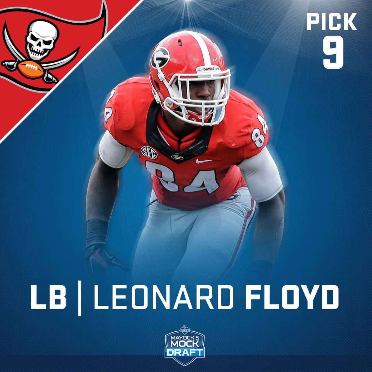 足球線衛Leonard Floyd身穿紅色球衣蹲下，準備第九順位選秀。