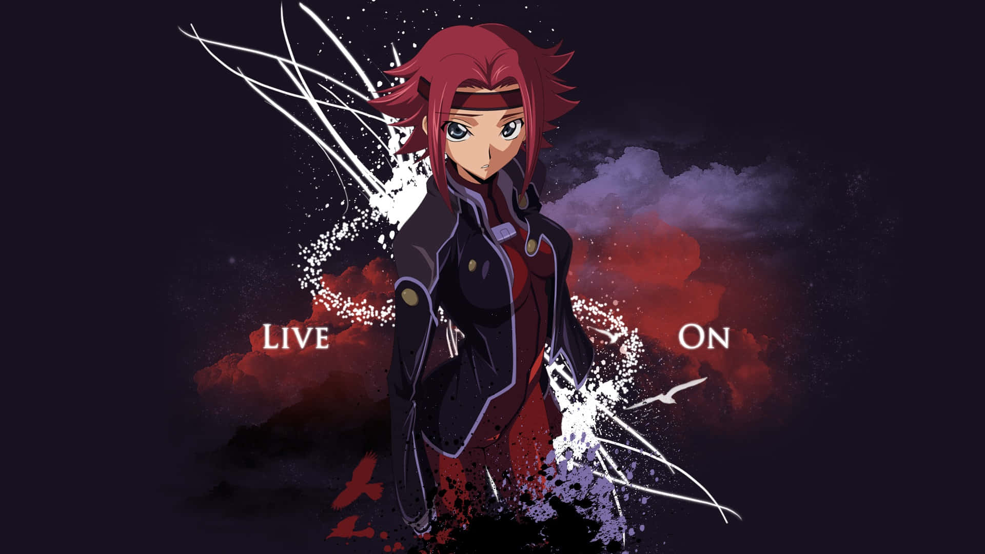 萊洛奇·維·不列顛尼亞身著《Code Geass》經典黑騎士戰衣 壁紙 — 一個堅定的動漫女孩，紅髮深色服裝，站在黑暗背景前，有紅雲和白色飛濺效果。