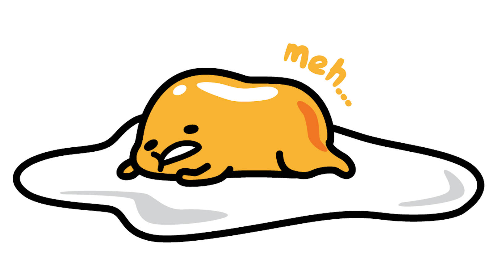 一個黃色卡通雞蛋角色平躺著，表情無聊，上方有「meh」這個詞。