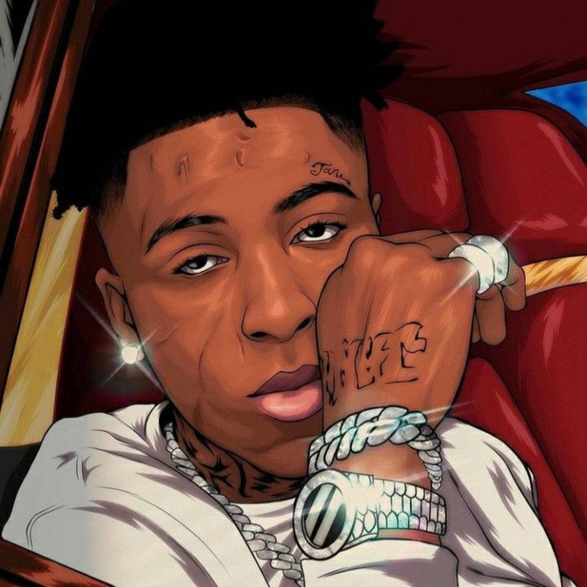 萌系NBA YoungBoy卡通形象 壁紙 — 一個風格化的數碼肖像，描繪一名有紋身和珠寶的男子在紅色汽車座位上放鬆。