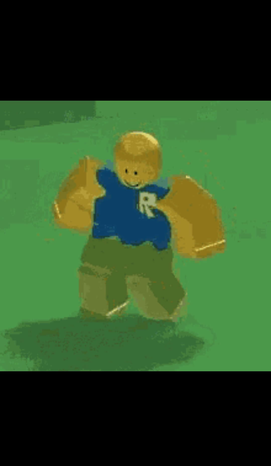 像素化 Roblox 角色，金髮、藍色襯衫和綠色褲子，綠色背景