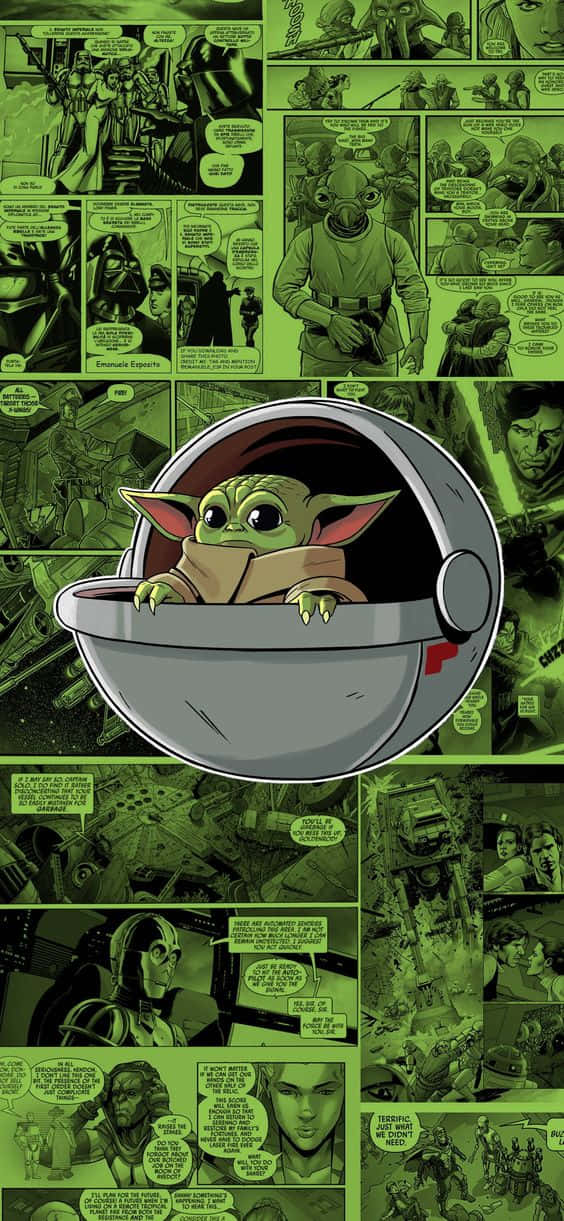 萌翻全網 - Baby Yoda 壁紙 — Baby Yoda 從太空船駕駛艙窺視，背景是充滿星際大戰漫畫畫面的綠色漫畫書背景。